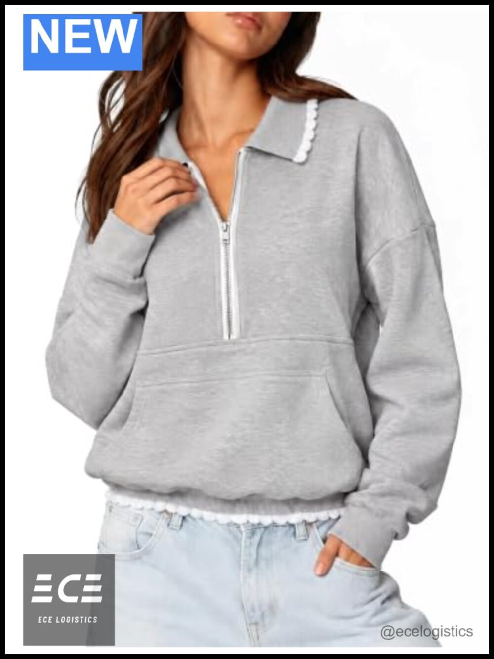 Womens Half Zip Sweatshirt Ruffled Trim Kangaroo Pocket Loose Fit